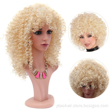 wholesale  Price   High-Temperature Artificial Synthetic Hair Human,  Blonde color  Afro Curly Wigs for black women